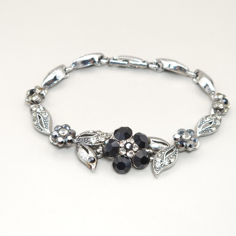 Vintage 1950s Marcasite Style Rhinestone Flower Necklace Bracelet Set Black Gray - Picture 7 of 16